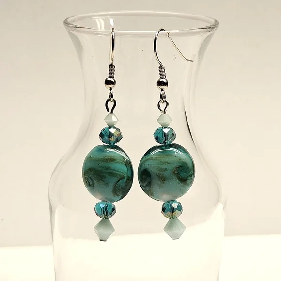 Teal Glass Beaded Earrings - Picture 5 of 5